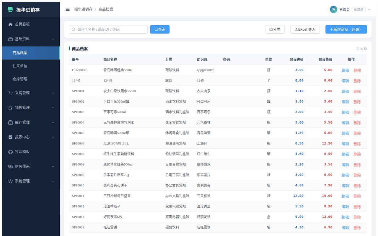 商品档案:多规格、条码、成本价与售价管理